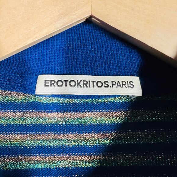 Erotokritos Metallic Silk Knit Top Short Sleeve Palm Tree Sweater Stripe - 1 - Picture 5 of 6